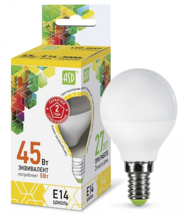  Лампа светодиодная LED-шар-standard 5Вт шар 3000К тепл. бел. E14 450лм 160-260В ASD 4690612002125 
