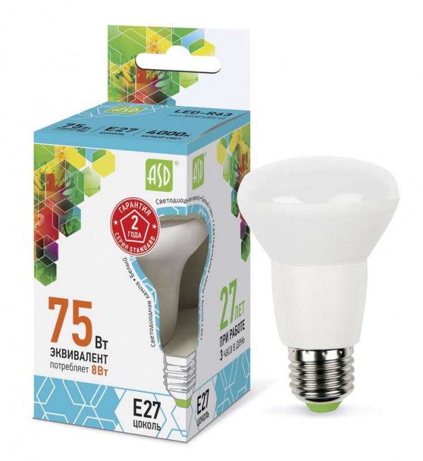  Лампа светодиодная LED-R63-standard 8Вт 4000К бел. E27 720лм 160-260В ASD 4690612001593 