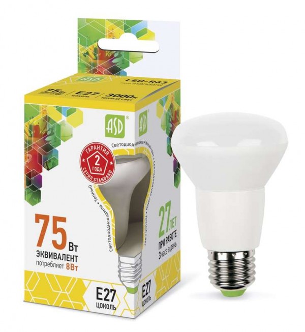  Лампа светодиодная LED-R63-standard 8Вт 3000К тепл. бел. E27 720лм 160-260В ASD 4690612001616 