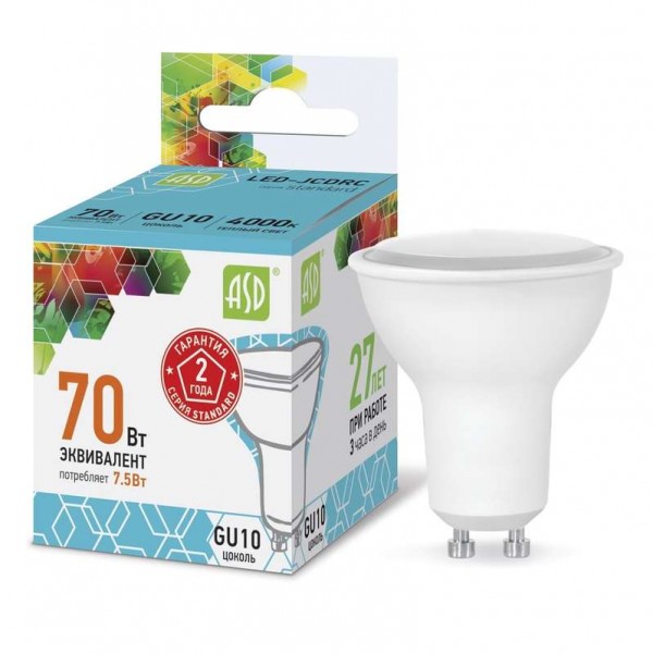  Лампа светодиодная LED-JCDRC-standard 7.5Вт 4000К бел. GU10 675лм 160-260В ASD 4690612002323 