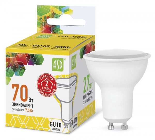  Лампа светодиодная LED-JCDRC-standard 7.5Вт 3000К тепл. бел. GU10 675лм 160-260В ASD 4690612002361 