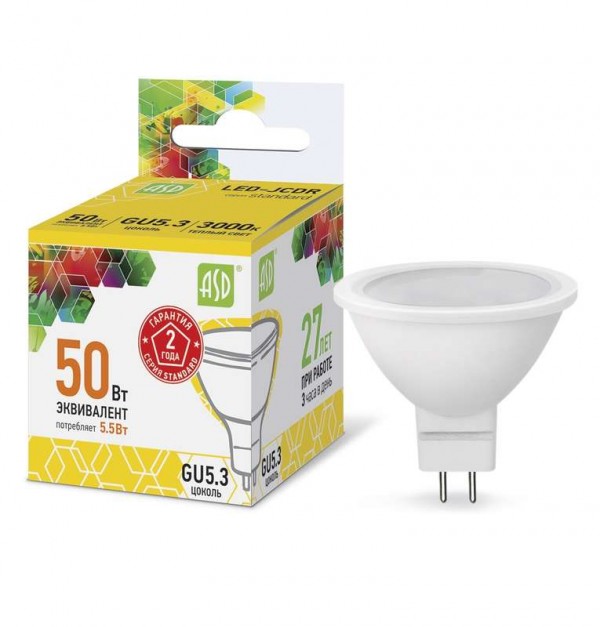  Лампа светодиодная LED-JCDR-standard 5.5Вт 3000К тепл. бел. GU5.3 495лм 160-260В ASD 4690612002262 
