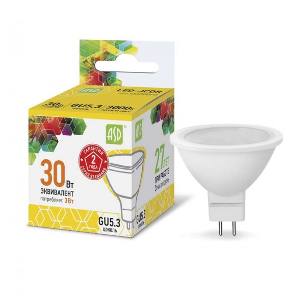  Лампа светодиодная LED-JCDR-standard 3Вт 3000К тепл. бел. GU5.3 270лм 160-260В ASD 4690612002248 