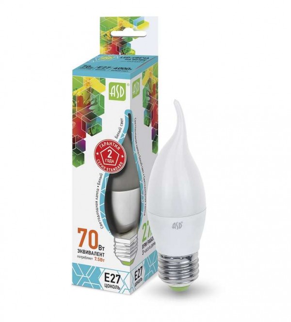  Лампа светодиодная LED-СВЕЧА НА ВЕТРУ-standard 7.5Вт СВЕЧА НА ВЕТРУ 4000К бел. E27 675лм 160-260В ASD 4690612004587 