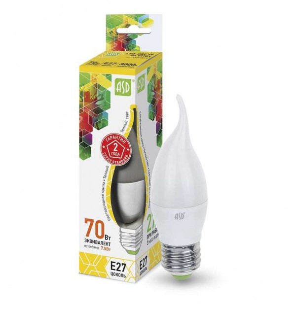  Лампа светодиодная LED-свеча на ветру-standard 7.5Вт свеча на ветру 3000К тепл. бел. E27 675лм 160-260В ASD 4690612004570 