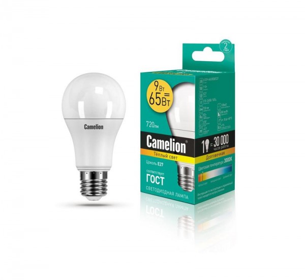 Лампа светодиодная LED9-A60/830/E27 9Вт грушевидная 3000К тепл. бел. E27 680лм 220-240В Camelion 12043 
