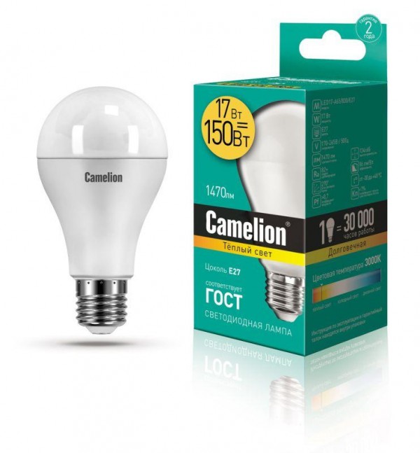 Лампа светодиодная LED17-A65/830/E27 17Вт грушевидная 3000К тепл. бел. E27 1470лм 170-265В Camelion 12308 
