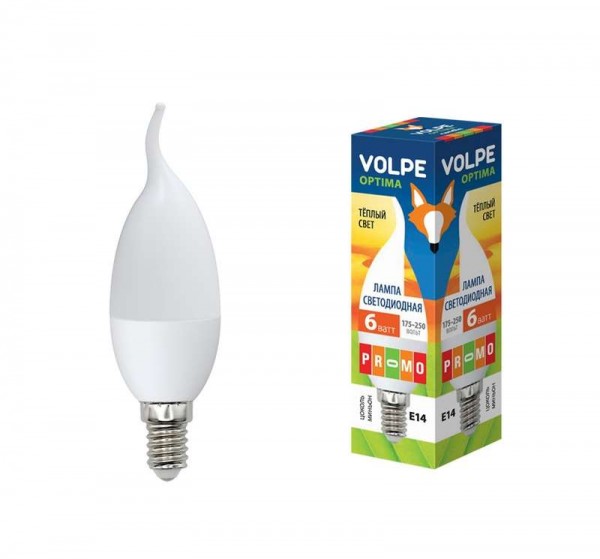  Лампа светодиодная LED-CW37-6Вт/WW/E14/FR/O 6Вт свеча на ветру 3000К тепл. бел. E14 175-250В картон Volpe UL-00000308 
