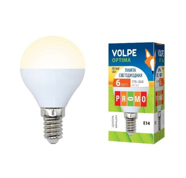  Лампа светодиодная LED-G45-6W/WW 6Вт шар 3000К тепл. бел. E14 450лм 175-250В Volpe 10217 