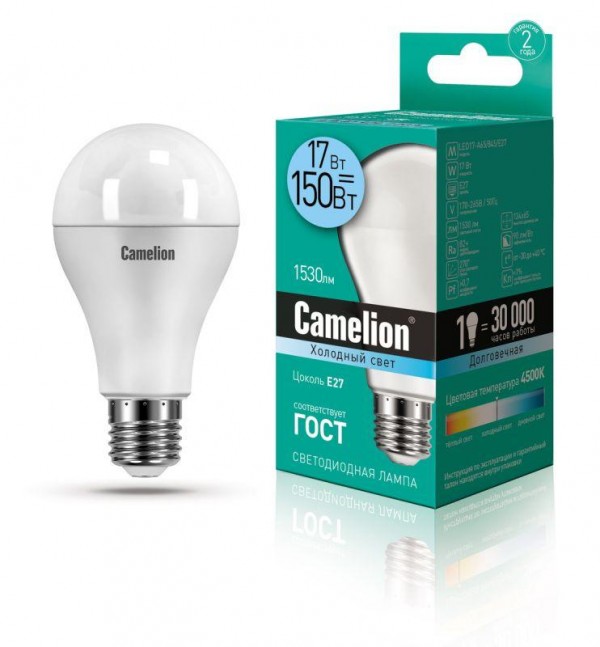  Лампа светодиодная LED17-А65/845/E27 17Вт грушевидная 4500К бел. E27 1530лм 170-265В Camelion 12309 