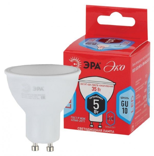  Лампа светодиодная smd MR16-5w-840-GU10 ECO ЭРА Б0019063 