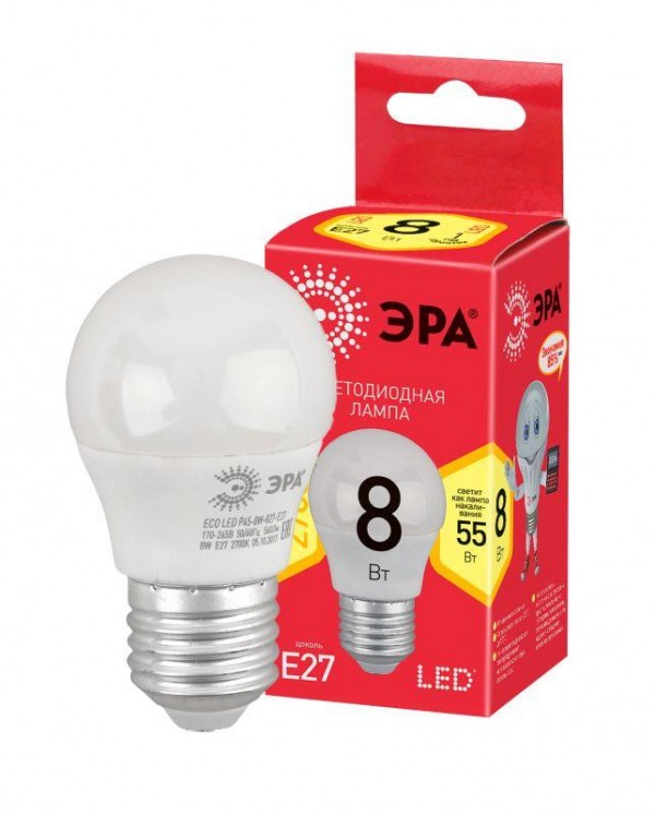 Лампа светодиодная smd P45-8w-827-E27 ECO ЭРА Б0030024 