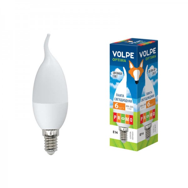  Лампа светодиодная LED-CW37-6W/DW/E14/FR/O форма "свеча на ветру" мат. Optima свет дневной 6500К упак. картон Volpe UL-00001773 