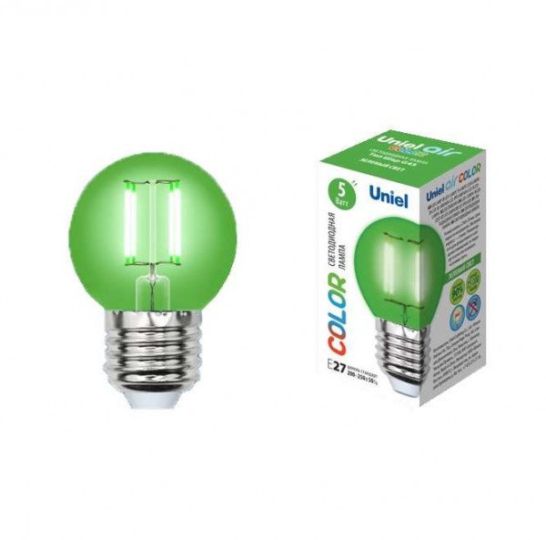  Лампа светодиодная LED-G45-5W/GREEN/E27 GLA02GR форма "шар" Air color зел. упак. картон Uniel UL-00002988 