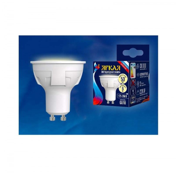  Лампа светодиодная LED-JCDR 6W/WW/GU10/FR PLP01WH форма "JCDR" мат. серия "ЯРКАЯ" свет теплый бел. 3000К упак. картон Uniel UL-00002423 