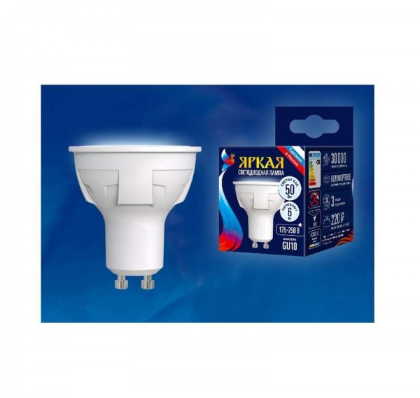  Лампа светодиодная LED-JCDR 6W/NW/GU10/FR PLP01WH форма "JCDR" мат. серия "ЯРКАЯ" бел. 4000К упак. картон Uniel UL-00002421 