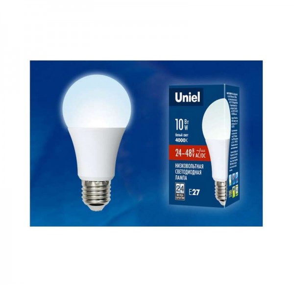  Лампа светодиодная LED-A60-10W/NW/E27/FR/24-48V грушевидная PLO55WH 24-48В форма "A" мат. бел. 4000К упак. картон Uniel UL-00002382 