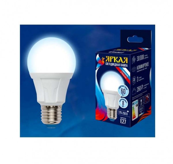  Лампа светодиодная LED-A60 8W/DW/E27/FR грушевидная PLP01WH форма "А" мат. серия "ЯРКАЯ" свет дневной 6500К упак. картон Uniel UL-00002003 