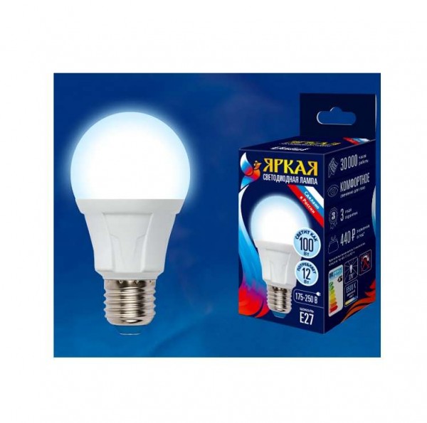  Лампа светодиодная LED-A60 12W/DW/E27/FR грушевидная PLP01WH форма "А" мат. серия "ЯРКАЯ" свет дневной 6500К упак. картон Uniel UL-00002005 