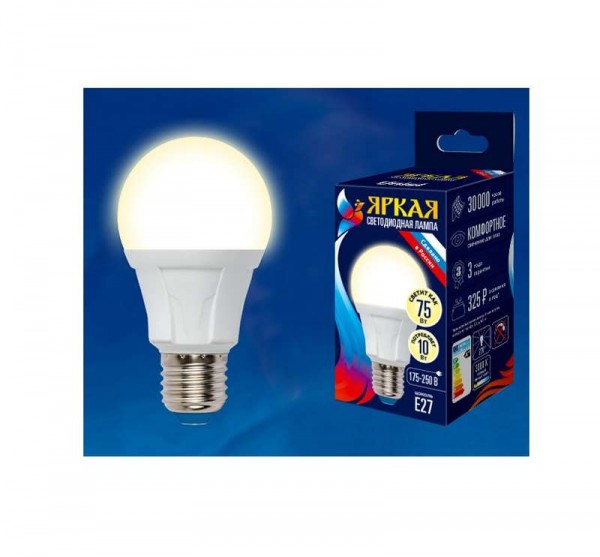  Лампа светодиодная LED-A60 10W/WW/E27/FR грушевидная PLP01WH форма "А" мат. серия "ЯРКАЯ" свет теплый бел. 3000К упак. картон Uniel UL-00001524 