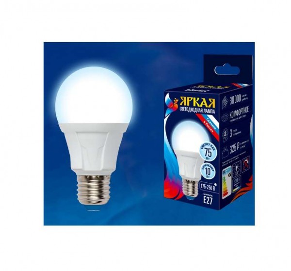  Лампа светодиодная LED-A60 10W/DW/E27/FR грушевидная PLP01WH форма "А" мат. серия "ЯРКАЯ" свет дневной 6500К упак. картон Uniel UL-00002004 