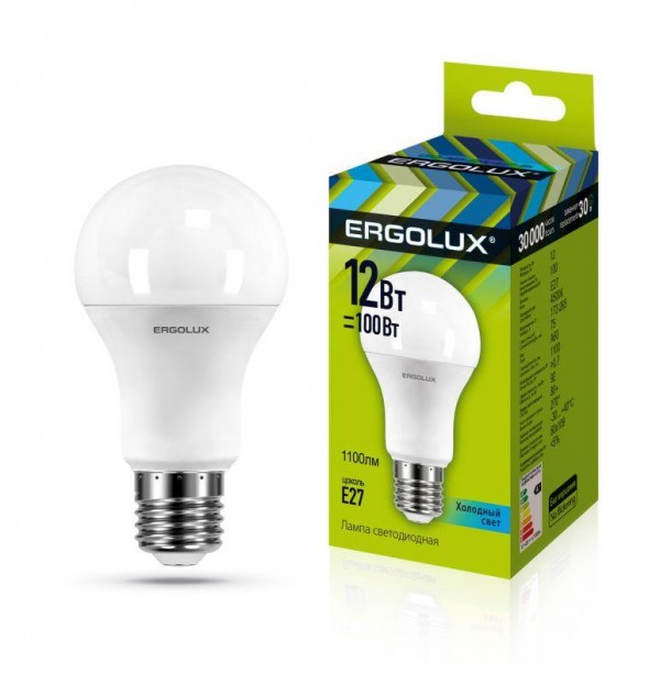  Лампа светодиодная LED-A60-12W-E27-4500K грушевидная ЛОН 172-265В Ergolux 12151 