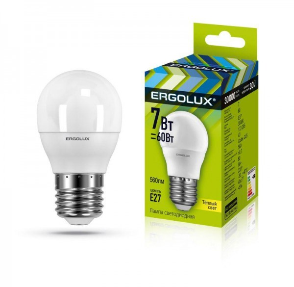  Лампа светодиодная LED-G45-7W-E27-3000K 172-265В "Шар" Ergolux 12143 