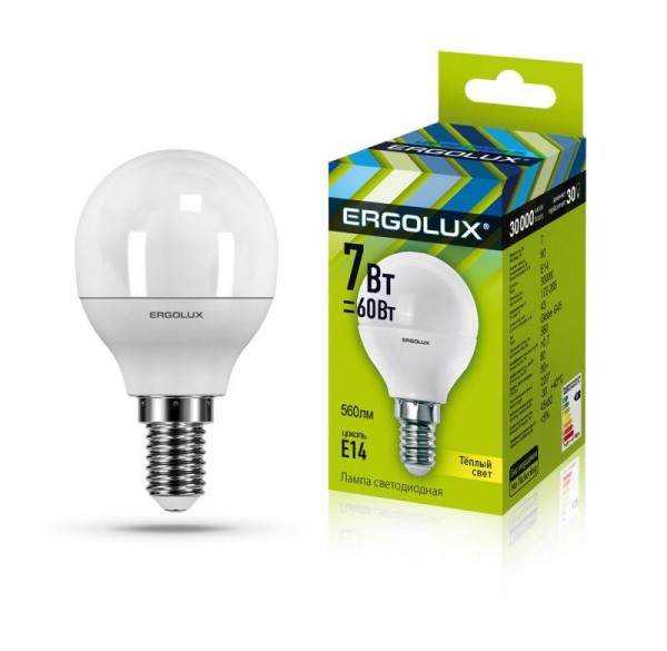  Лампа светодиодная LED-G45-7W-E14-3000K 172-265В "Шар" Ergolux 12142 
