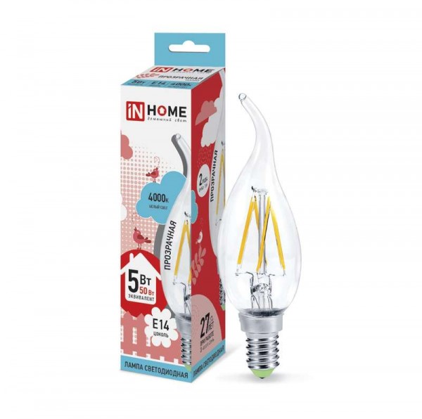  Лампа светодиодная LED-СВЕЧА НА ВЕТРУ-deco 5Вт 230В E14 4000К 450Лм прозрачная IN HOME 4690612007632 
