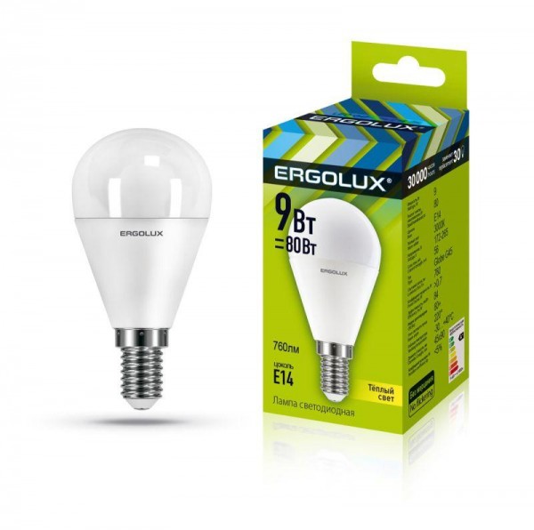  Лампа светодиодная LED-G45-9W-E14-3К Шар 9Вт E14 3000К 172-265В Ergolux 13173 