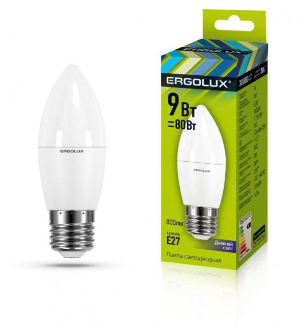 Лампа светодиодная LED-C35-9W-E27-6К Свеча 9Вт E27 6500К 172-265В Ergolux 13172 