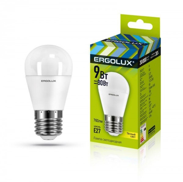  Лампа светодиодная LED-G45-9W-E27-3К Шар 9Вт E27 3000К 172-265В Ergolux 13176 