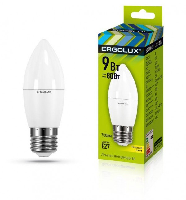  Лампа светодиодная LED-C35-9W-E27-3К Свеча 9Вт E27 3000К 172-265В Ergolux 13170 