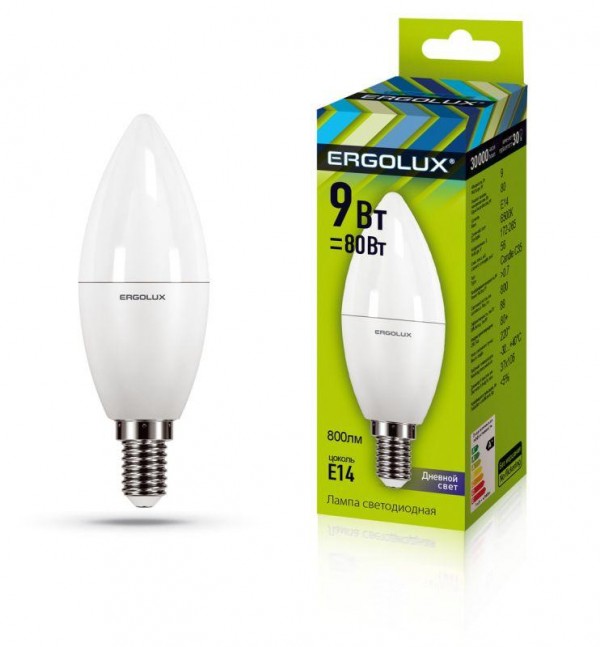 Лампа светодиодная LED-C35-9W-E14-6К Свеча 9Вт E14 6500К 172-265В Ergolux 13169 