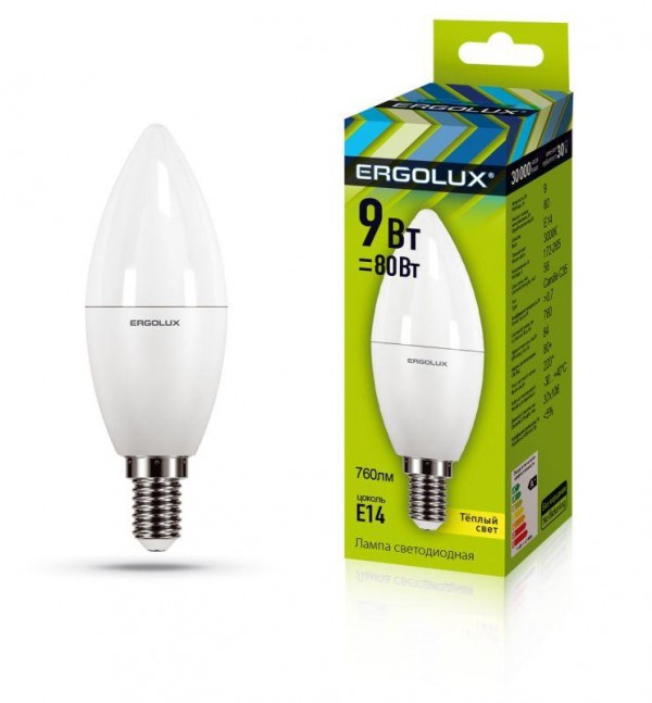  Лампа светодиодная LED-C35-9W-E14-3К Свеча 9Вт E14 3000К 172-265В Ergolux 13167 