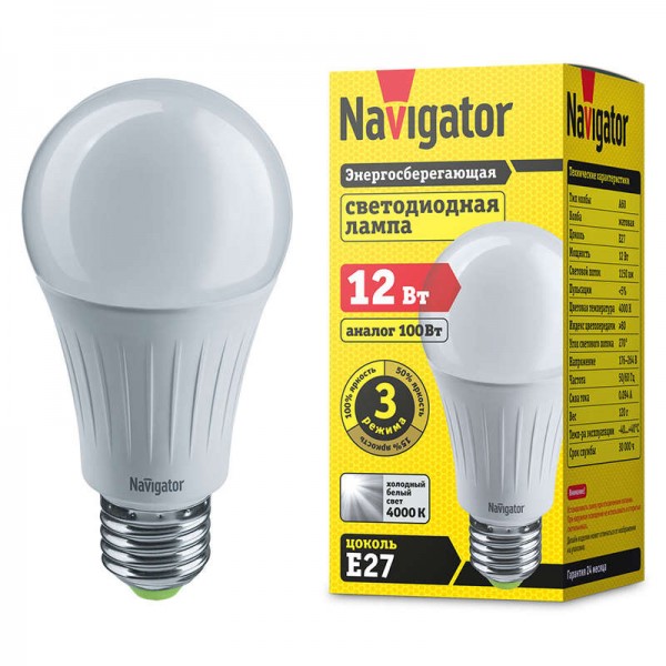  Лампа светодиодная 61 627 NLL-A60-12-230-4K-E27-3STEPDIMM грушевидная Navigator 61627 