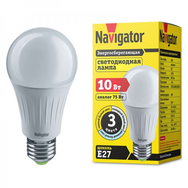  Лампа светодиодная 61 625 NLL-A60-10-230-3COLOR-E27 грушевидная Navigator 61625 