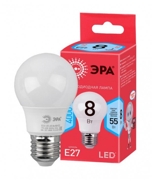  Лампа светодиодная smd A55-8W-840-E27 ECO ЭРА Б0032096 