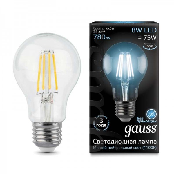  Лампа светодиодная Black Filament A60 E27 8Вт 4100К Gauss 102802208 