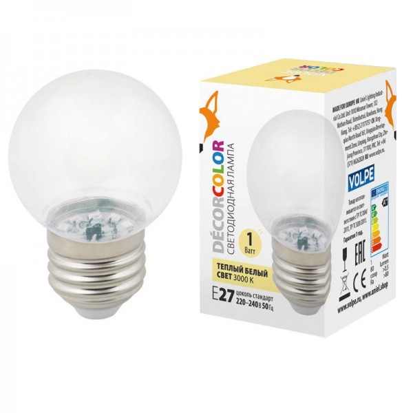 Лампа светодиодная декоративная LED-G45-1W/3000K/E27/CL/С "шар" прозрачн. теплый бел. свет (3000К) картон Volpe UL-00005807 