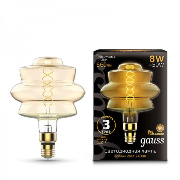  Лампа светодиодная Black Vintage Filament Flexible BD180 8Вт 2400К E27 180х250 Golden Gauss 161802008 