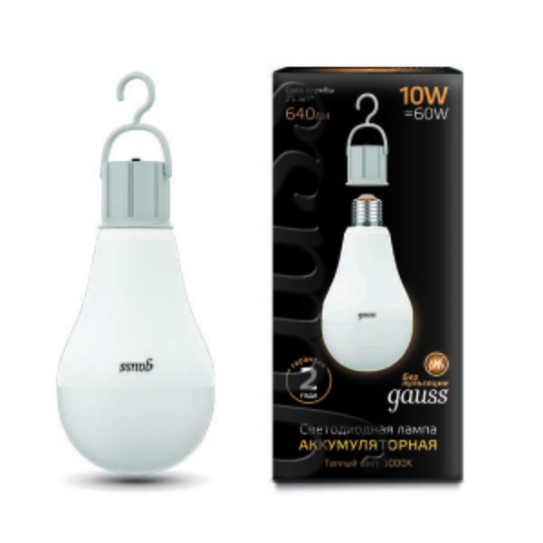  Лампа светодиодная Black A60 10Вт 3000К E27 640Лм с Li-Ion аккумулятором Gauss 102402100 