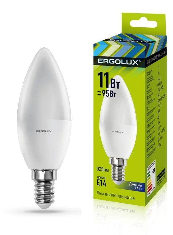  Лампа светодиодная LED-C35-11W-E14-6K Свеча 11Вт E14 6500К 172-265В Ergolux 13620 