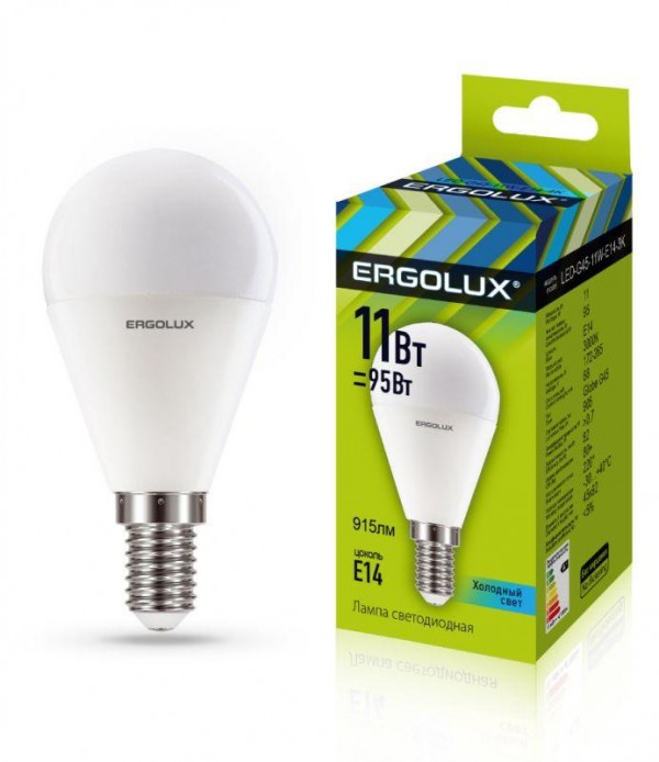  Лампа светодиодная LED-G45-11W-E14-4K Шар 11Вт E14 4500К 172-265В Ergolux 13628 