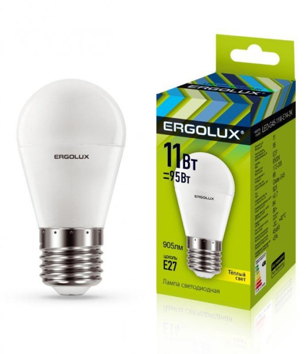  Лампа светодиодная LED-G45-11W-E27-3K Шар 11Вт E27 3000К 172-265В Ergolux 13630 