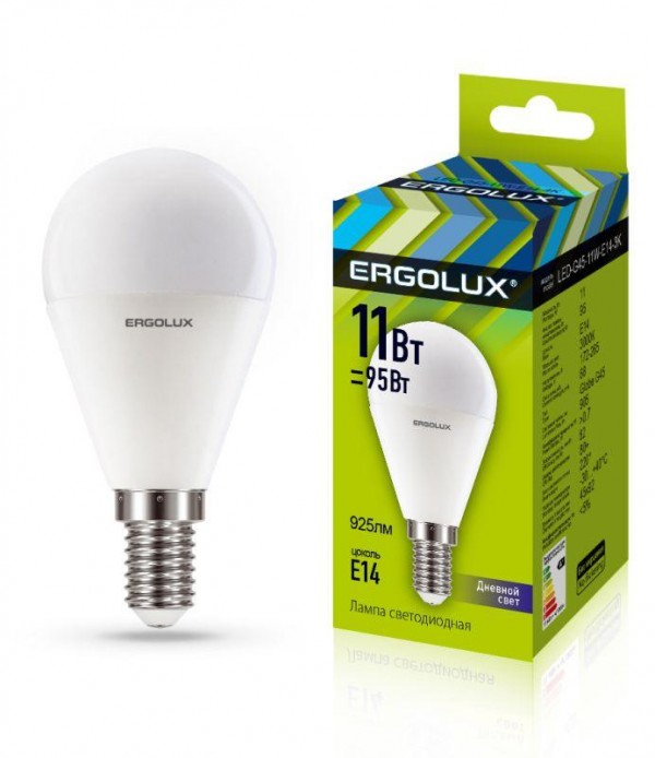 Лампа светодиодная LED-G45-11W-E14-6K Шар 11Вт E14 6500К 172-265В Ergolux 13629 