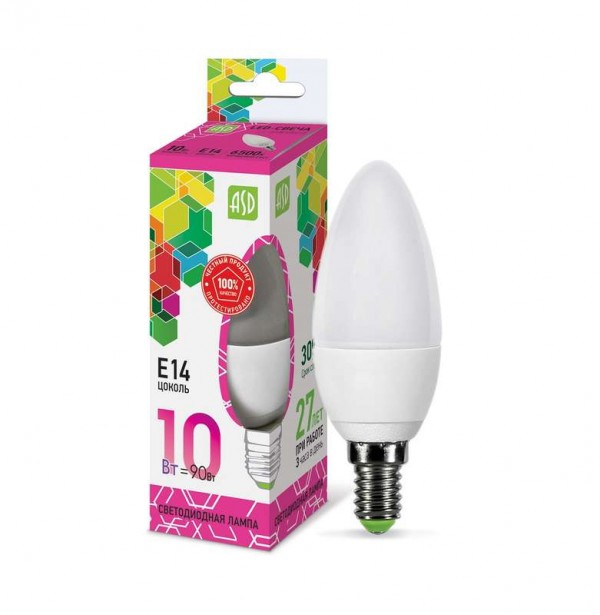  Лампа светодиодная LED-СВЕЧА-standard 10Вт 230В E14 6500К 900Лм ASD 4690612015521 