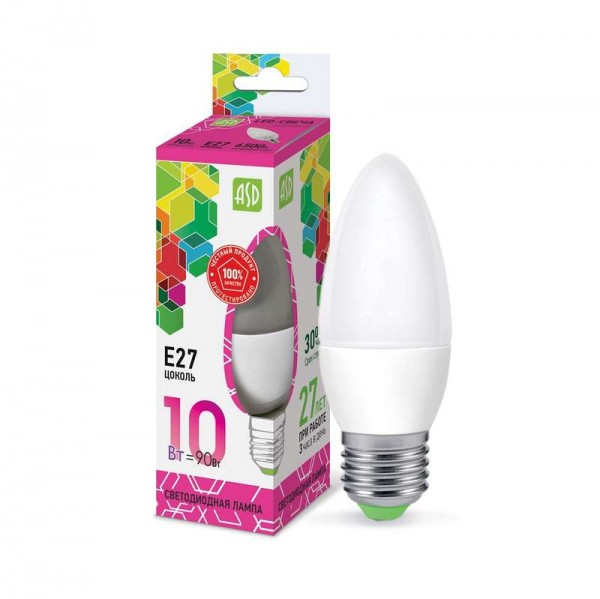  Лампа светодиодная LED-СВЕЧА-standard 10Вт 230В E27 6500К 900Лм ASD 4690612015552 