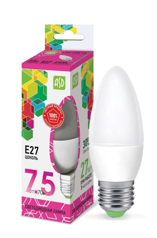  Лампа светодиодная LED-СВЕЧА-standard 7.5Вт 230В E27 6500К 675Лм ASD 4690612019055 