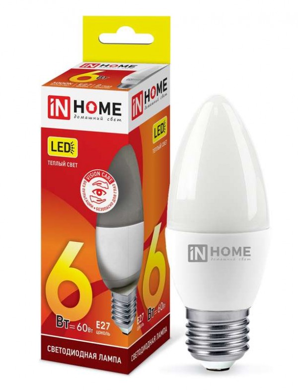  Лампа светодиодная LED-СВЕЧА-VC 6Вт 230В E27 3000К 540лм IN HOME 4690612020402 